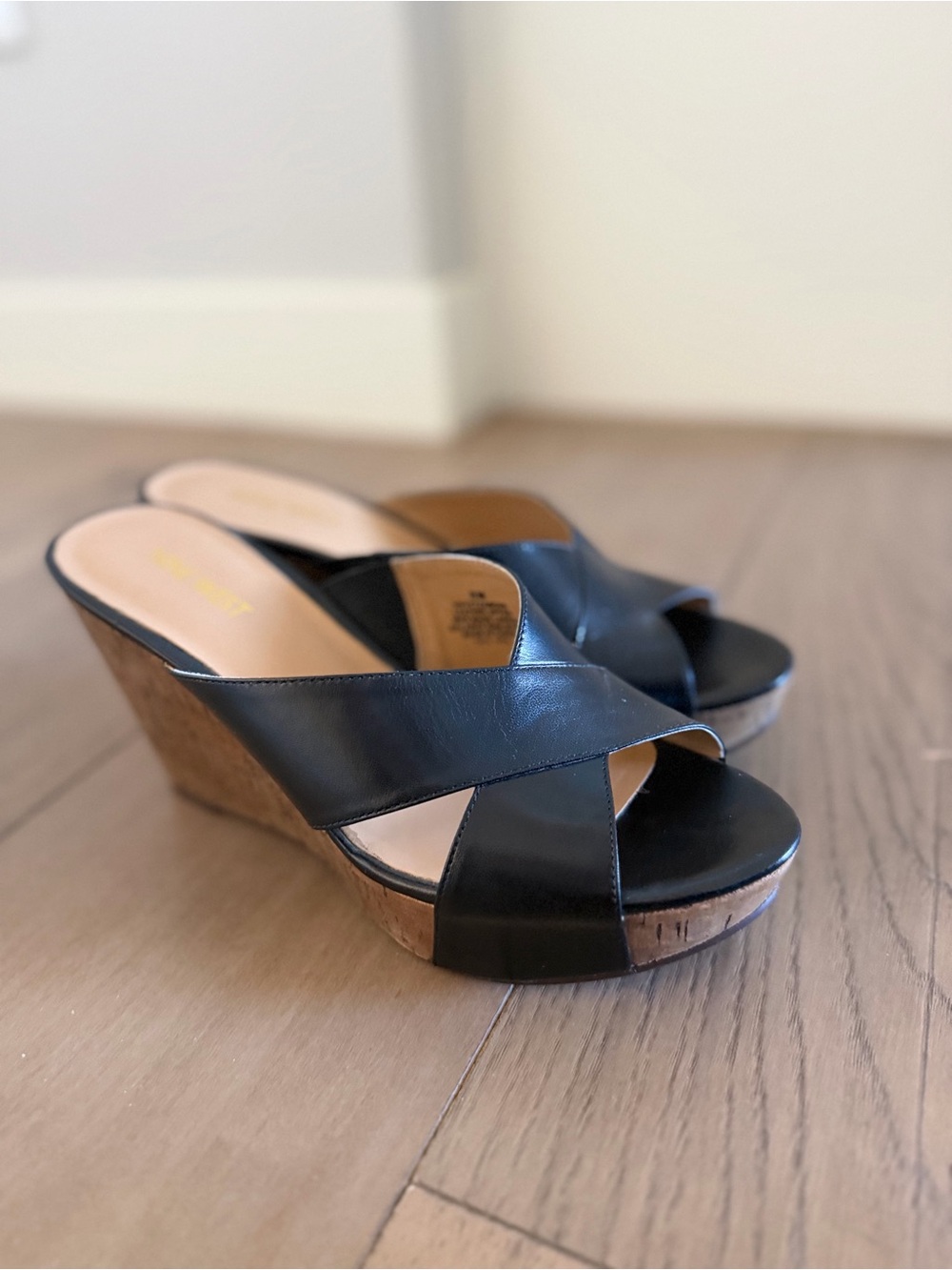 Nine West Leather Black Cork Wedge Slide Sandals